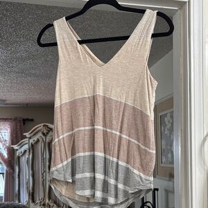Bordeaux V-Neck Tank Top with Neutral Stripes, straps adjusted